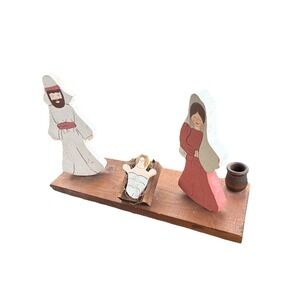 Country Folk Art Nativity Wood Hand Painted Candle Holder Jesus, Mary, Joseph
